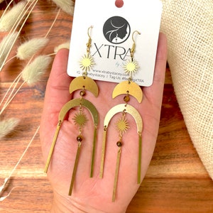 Large Brass Celestial Chandelier Statement Earrings / Geometric Gold Bohemian Star Earrings / Tigers Eye Gemstone Earrings / Big / Boho image 2