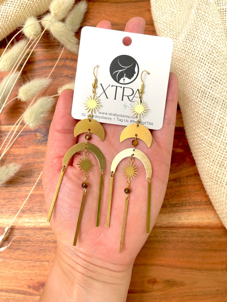 Large Brass Celestial Chandelier Statement Earrings / Geometric Gold Bohemian Star Earrings / Tigers Eye Gemstone Earrings / Big / Boho image 2