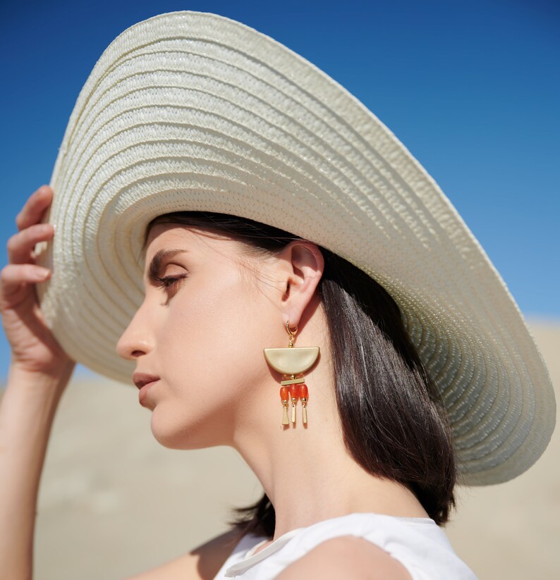 Orange Agate Summer Statement Earrings / Half Moon Chandelier Earrings / Vacation Earrings / Large Beaded Dangle Earrings / Boho Earrings image 9