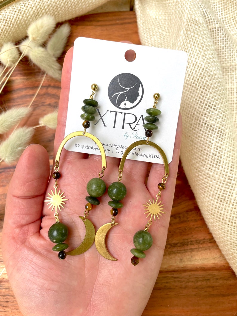 Olive Jade Celestial Arch Statement Earrings / Beaded Moon and Stars Earrings / Large Boho Geometric Earrings / Tigers Eye / Chandelier image 2
