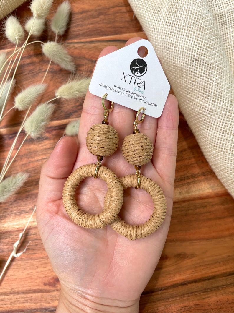 Natural Brown Hemp Hoop Dangle Earrings / Neutral Brown Boho Hoop Earrings / Earth Tones Statement Earrings / Tigers Eye Earrings / Bohemian image 2