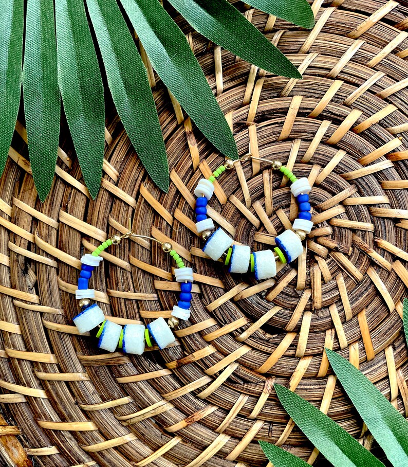 Colorful African Beaded Hoop Earrings / Unique Boho Statement Hoops / Cobalt Blue Hoop Earrings / Bohemian Jewelry Gift for Her / Seed Bead image 3