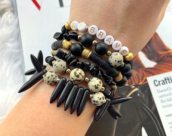 Black Gemstone Stretch Bracelet Set: Dalmatian Jasper, Onyx, Customizable Word