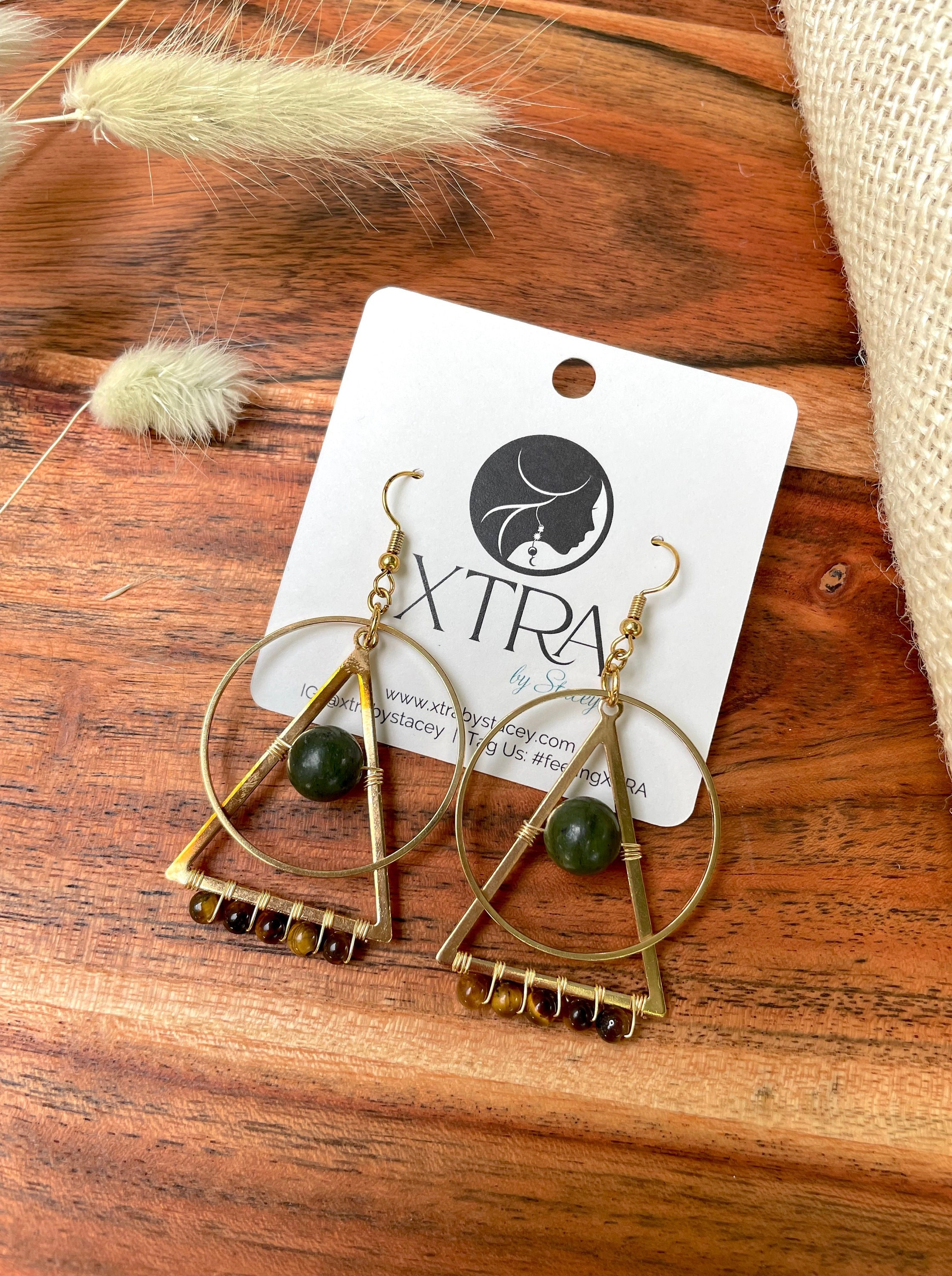 Tiger's Eye Triangle Dangle Earrings / Large Wire Wrapped Statement Earrings / Gold Geometric Dangle Earrings / Bohemian / Olive Jade / Boho