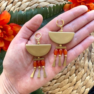 Orange Agate Summer Statement Earrings / Half Moon Chandelier Earrings / Vacation Earrings / Large Beaded Dangle Earrings / Boho Earrings image 4