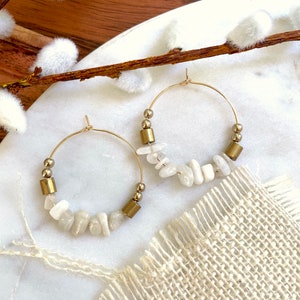 Large Moonstone Hoop Earrings / June Birthstone Earrings / Beaded Gemstone Chip Hoop Earrings / Large Bohemian Statement Hoops White Gold image 1