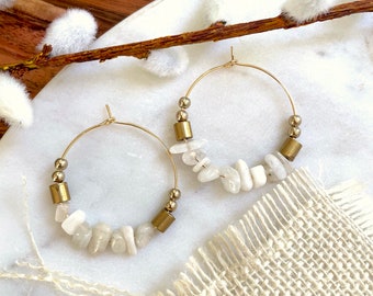 Large Moonstone Hoop Earrings / June Birthstone Earrings / Beaded Gemstone Chip Hoop Earrings / Large Bohemian Statement Hoops White Gold