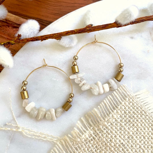 Large Moonstone Hoop Earrings / June Birthstone Earrings / Beaded Gemstone Chip Hoop Earrings / Large Bohemian Statement Hoops White Gold