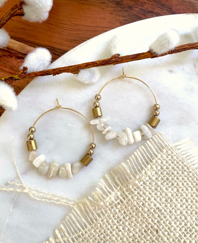 Large Moonstone Hoop Earrings / June Birthstone Earrings / Beaded Gemstone Chip Hoop Earrings / Large Bohemian Statement Hoops White Gold image 1