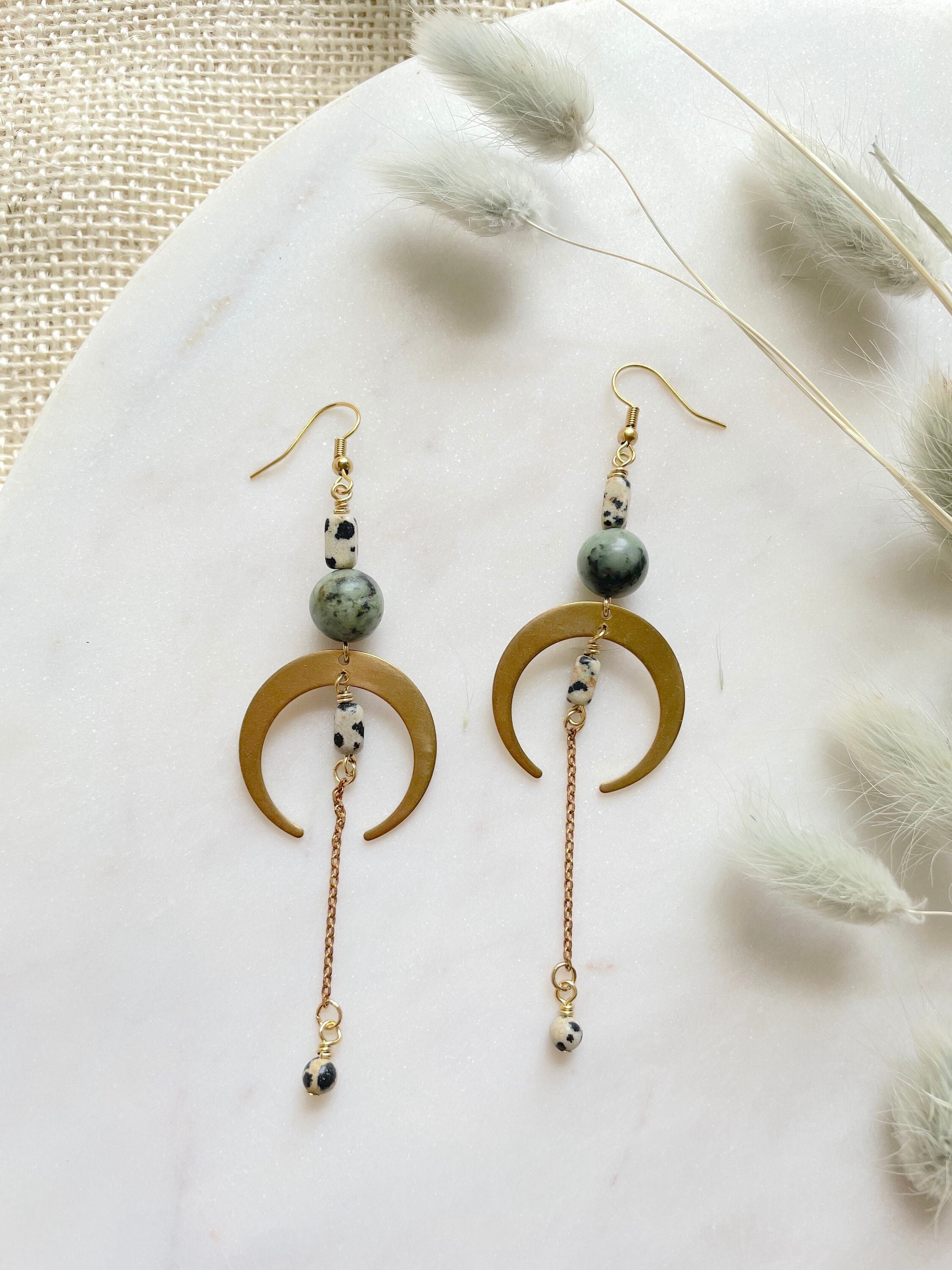 Long Brass Crescent Moon Earrings: Turquoise & Dalmatian Jasper Boho Jewelry