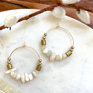 Large Moonstone Hoop Earrings / June Birthstone Earrings / Beaded Gemstone Chip Hoop Earrings / Large Bohemian Statement Hoops White Gold image 7