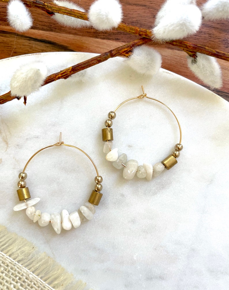 Large Moonstone Hoop Earrings / June Birthstone Earrings / Beaded Gemstone Chip Hoop Earrings / Large Bohemian Statement Hoops White Gold image 7