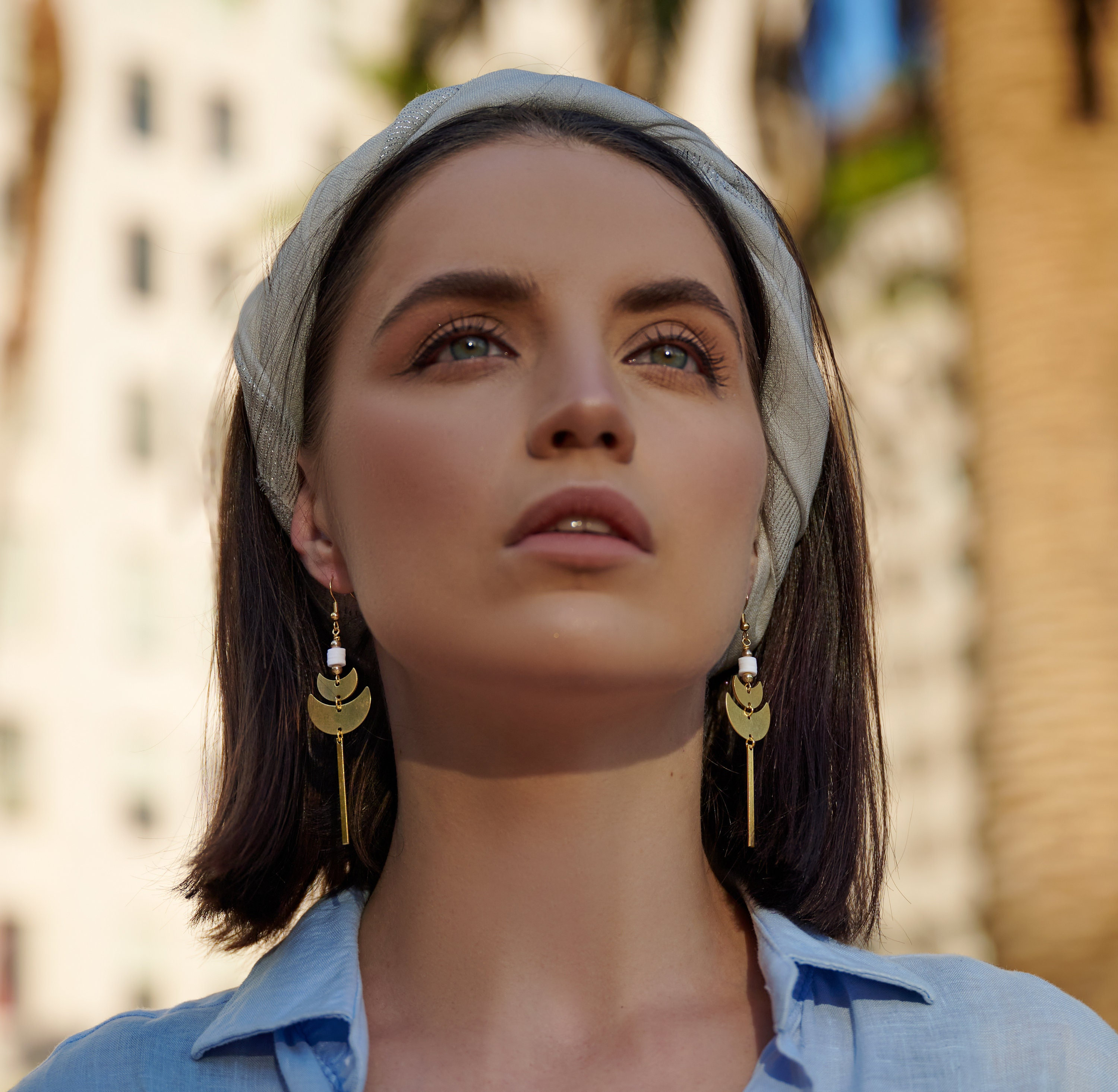 Brass Half Moon Statement Earrings: White Heishi Beads, Geometric Dangle