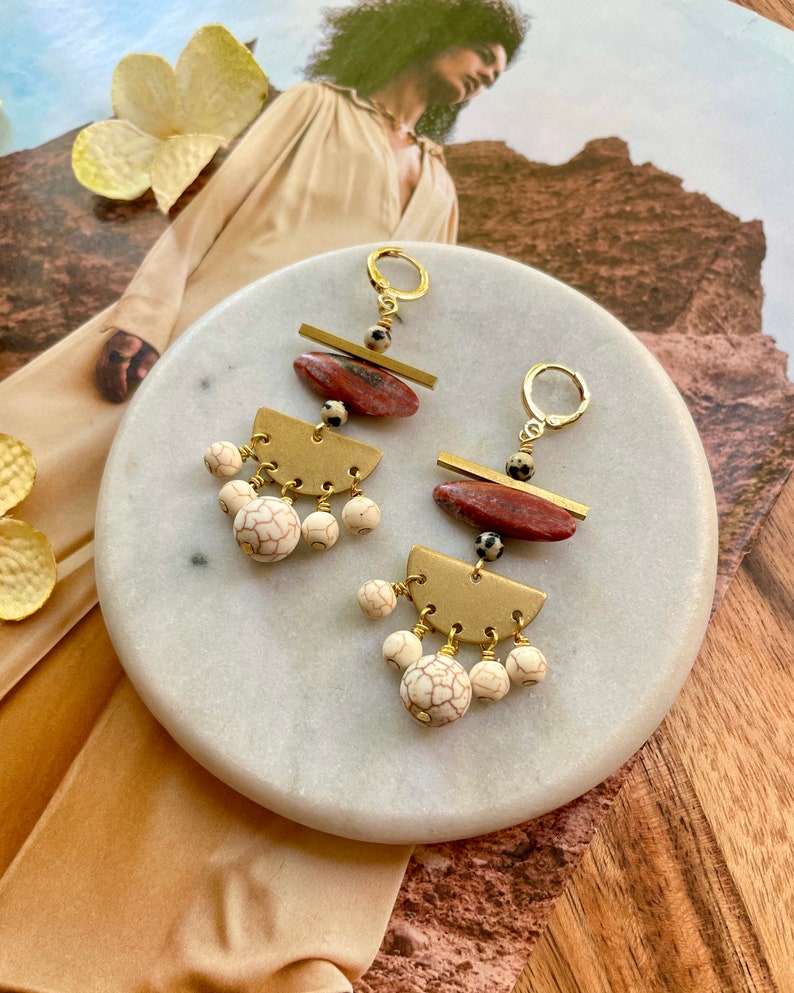 Red Jasper Bohemian Chandelier Earrings / Beaded Geometric Dangle Earrings / Unique Gemstone Statement Earrings / Dalmatian Jasper / Brass image 1