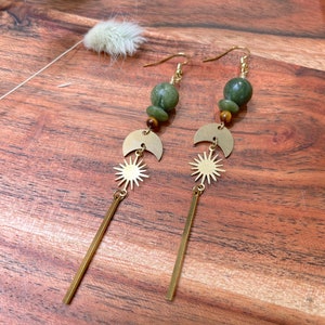 Small Celestial Olive Jade Statement Drop Earrings / Long Linear Star Dangle Earrings / Gold Brass Earth Tones / Olive Jade / Tigers Eye image 2