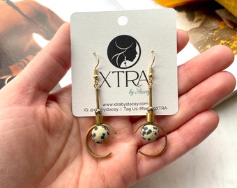 Brass Dalmatian Jasper Earrings: Boho Geometric Dangle Earrings