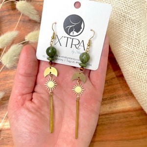 Small Celestial Olive Jade Statement Drop Earrings / Long Linear Star Dangle Earrings / Gold Brass Earth Tones / Olive Jade / Tigers Eye image 6