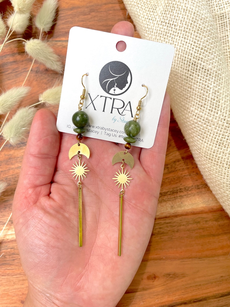 Small Celestial Olive Jade Statement Drop Earrings / Long Linear Star Dangle Earrings / Gold Brass Earth Tones / Olive Jade / Tigers Eye image 6