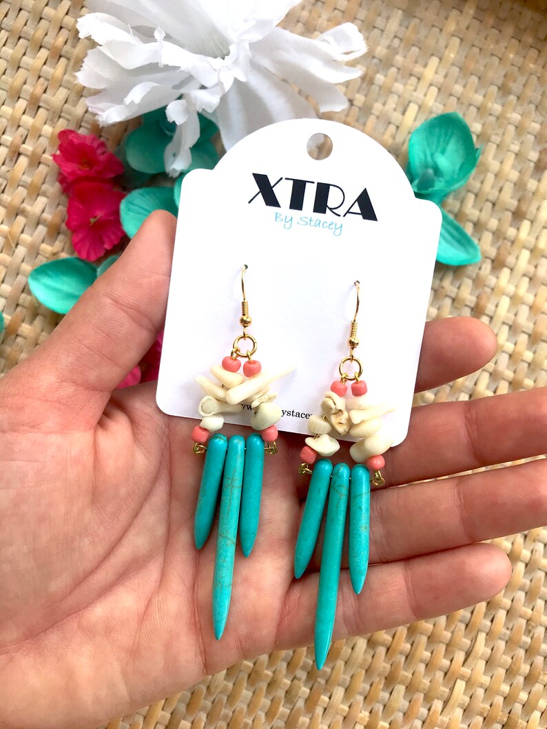 Turquoise Shield Dangle Earrings Howlite Dagger Earrings Coral Turquoise Beaded Drop Earrings Colorful Statement Earring Unique Gift