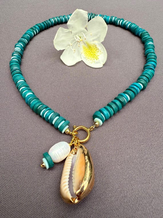 Cowrie Shell Pearl Charm Necklace: Teal Coconut Beads, Gold Clasp