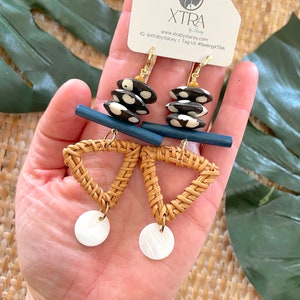 Colorful Geometric Chunky Beaded Dangle Earrings / Triangular Rattan Statement Earrings / Unique Handmade Beaded Earrings / Large / Long