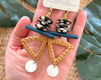 Colorful Geometric Chunky Beaded Dangle Earrings / Triangular Rattan Statement Earrings / Unique Handmade Beaded Earrings / Large / Long