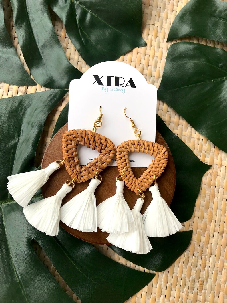 Raffia Tassel Earrings, Woven Rattan Earrings, White Tassel Earrings, Summer Statement Earrings, Neutral Statement Earrings image 4