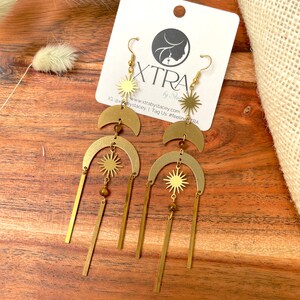 Large Brass Celestial Chandelier Statement Earrings / Geometric Gold Bohemian Star Earrings / Tigers Eye Gemstone Earrings / Big / Boho image 6