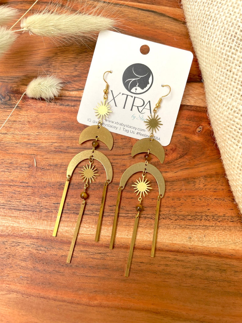 Large Brass Celestial Chandelier Statement Earrings / Geometric Gold Bohemian Star Earrings / Tigers Eye Gemstone Earrings / Big / Boho image 6