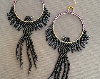 Hand-Perlen Raben Ohrringe, Seed Bead Baltimore Schmuck, Leichte Statement Ohrringe