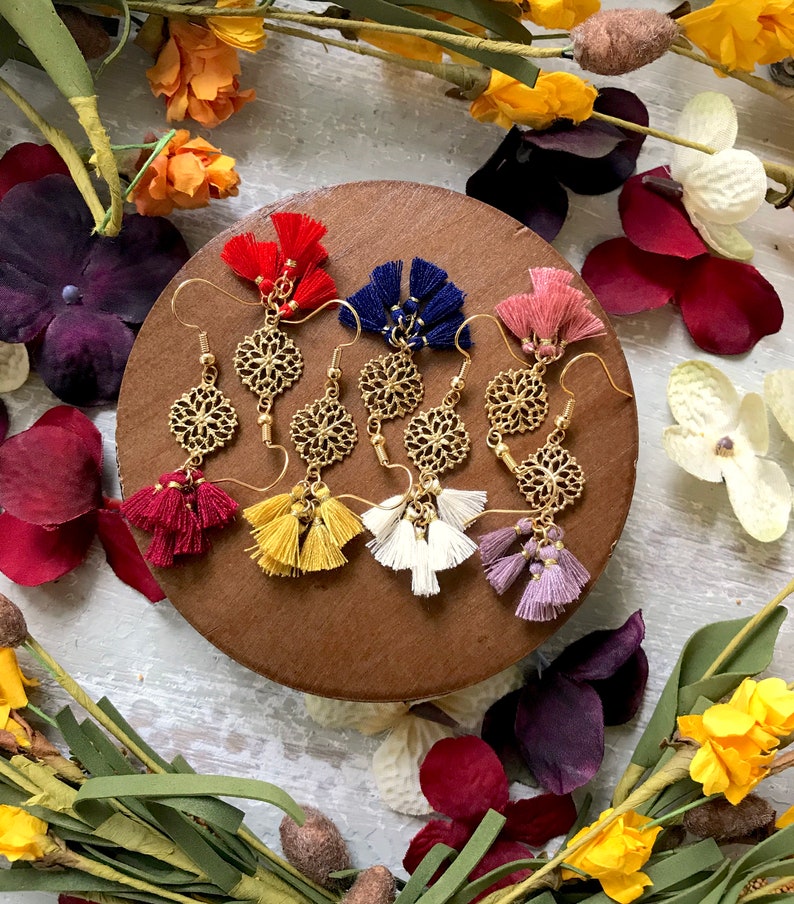 Navy Blue Tassel Earrings / Filigree Earrings / Small Tassel Etsy