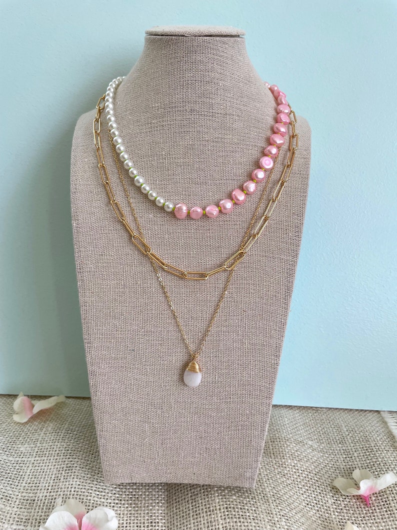 Collier de perles moitié perles roses / moitié collier de perles d'eau douce / collier court rose vif vert citron / tendance coloré image 10