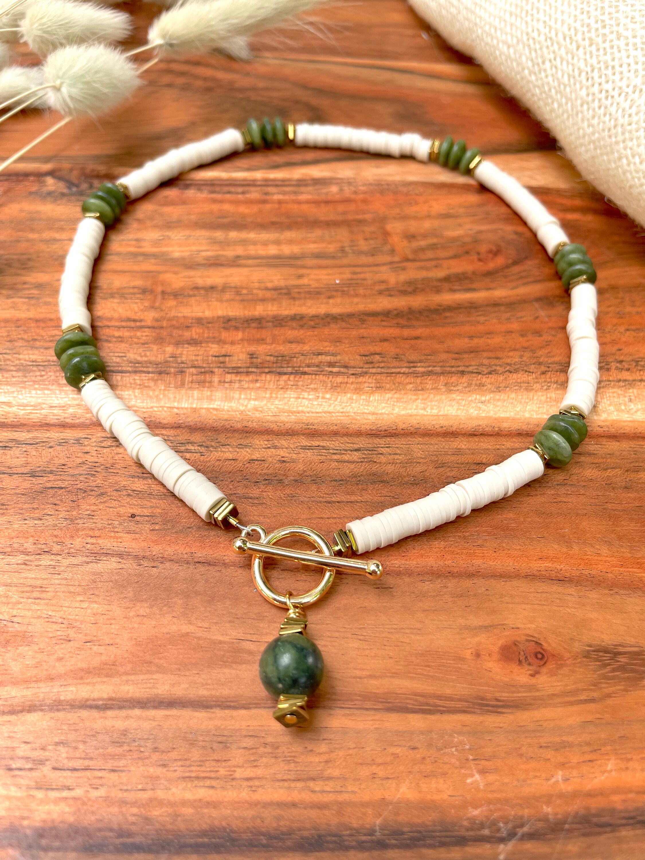 Jade Colorblock Olive Jade Colorblock Necklace: Gold Toggle Clasp, Boho Beaded Necklace ...