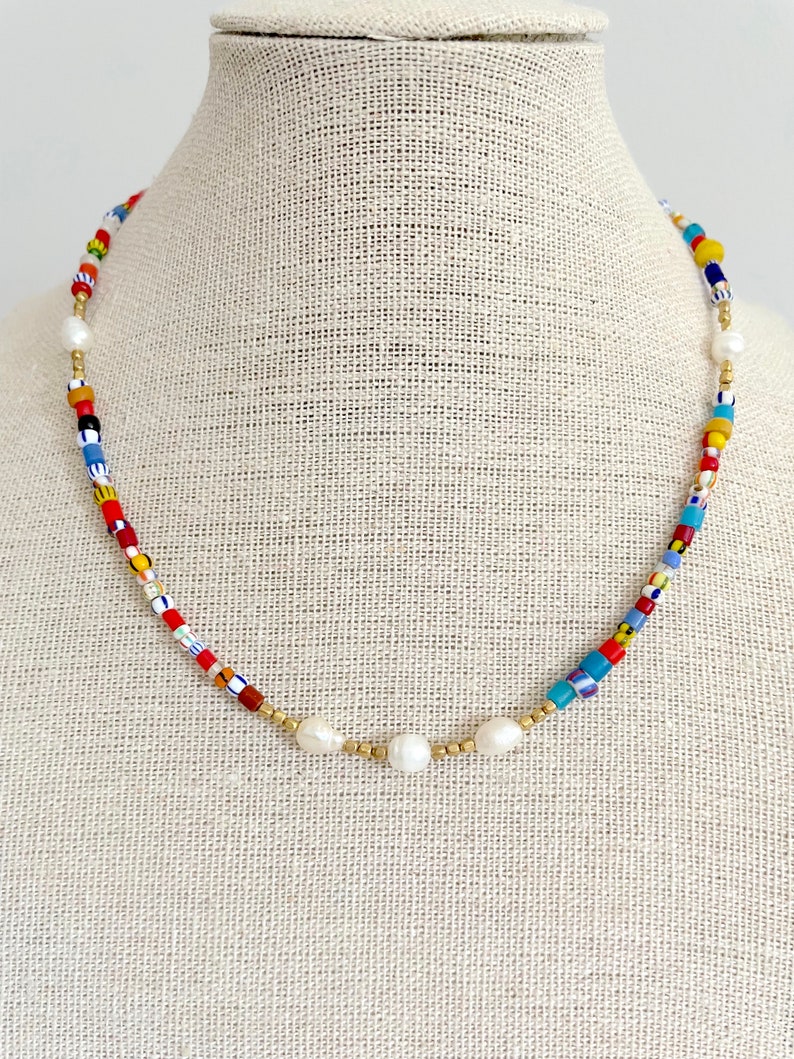 Dainty Colorful Freshwater Pearl Choker Necklace / Short Multicolor Seed Bead Necklace / One of a Kind Necklace / Summer Pearl Choker image 2