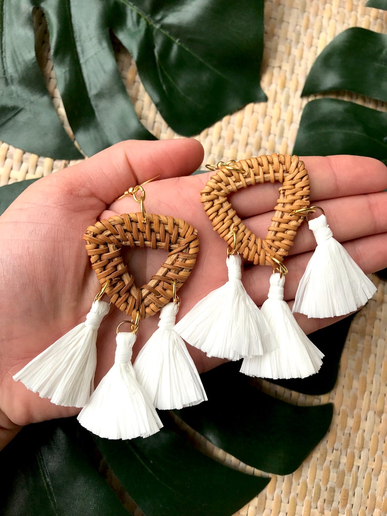 Raffia Tassel Earrings, Woven Rattan Earrings, White Tassel Earrings, Summer Statement Earrings, Neutral Statement Earrings image 5