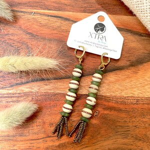 Olive Green Brown Seed Bead Tassel Earrings / Mala Bead Tassel Earrings / Bone Bead / Olive Jade / Unique Statement Drop Earrings / Bohemian image 8