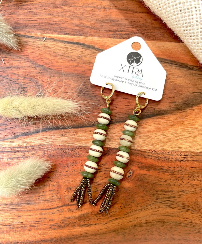 Olive Green Brown Seed Bead Tassel Earrings / Mala Bead Tassel Earrings / Bone Bead / Olive Jade / Unique Statement Drop Earrings / Bohemian image 8