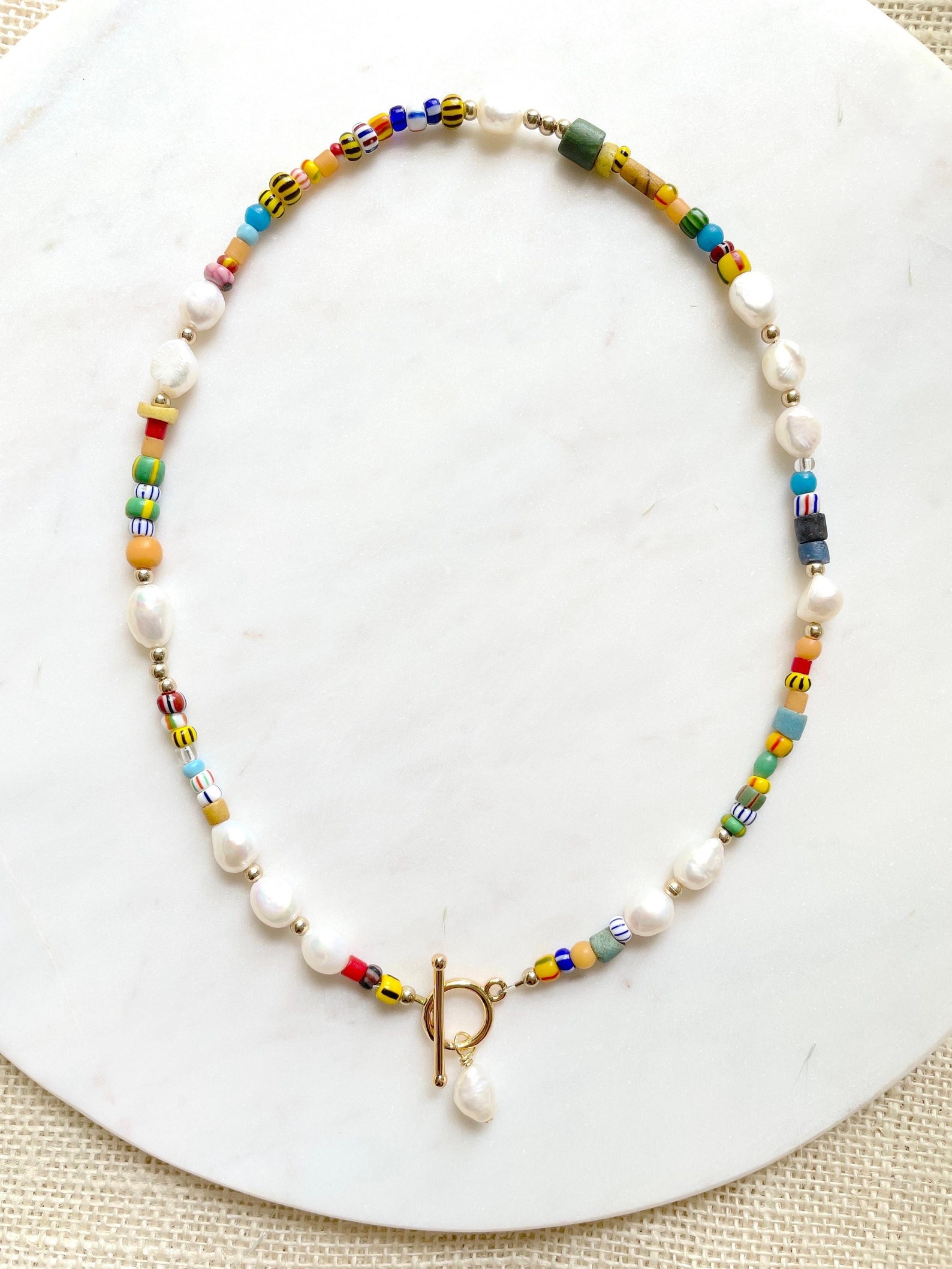 Colorful Freshwater Pearl Necklace: African Trade Beads, Gold Clasp