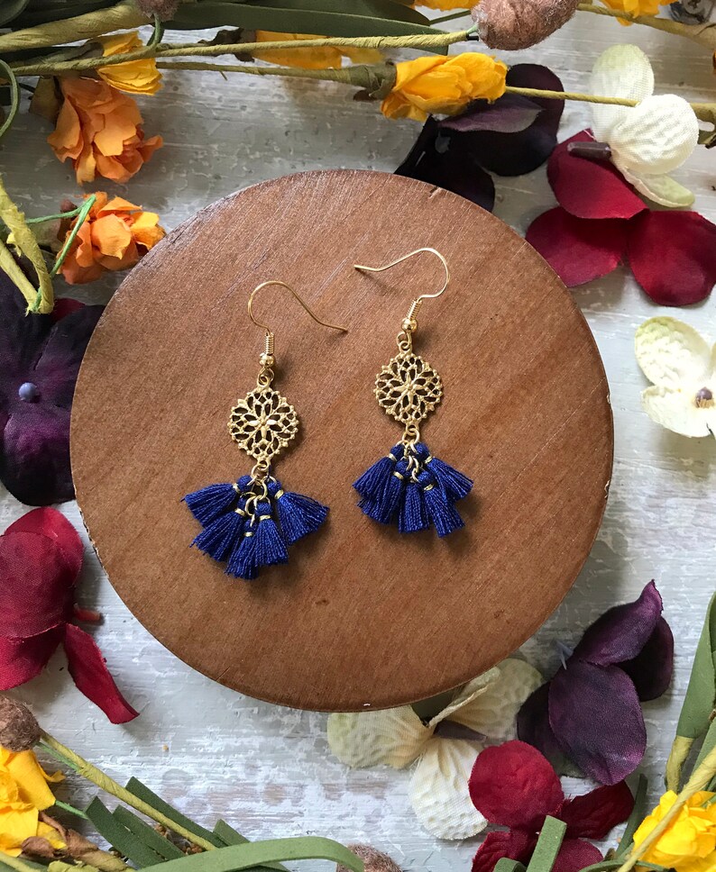 Navy Blue Tassel Earrings / Filigree Earrings / Small Tassel Etsy