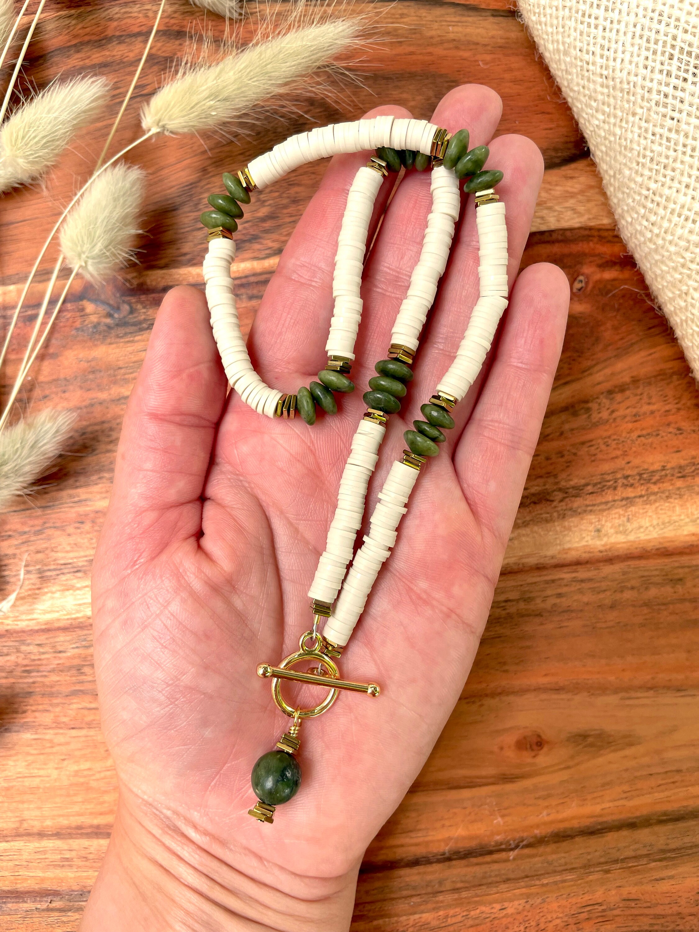 Jade Colorblock Olive Jade Colorblock Necklace: Gold Toggle Clasp, Boho Beaded Necklace ...