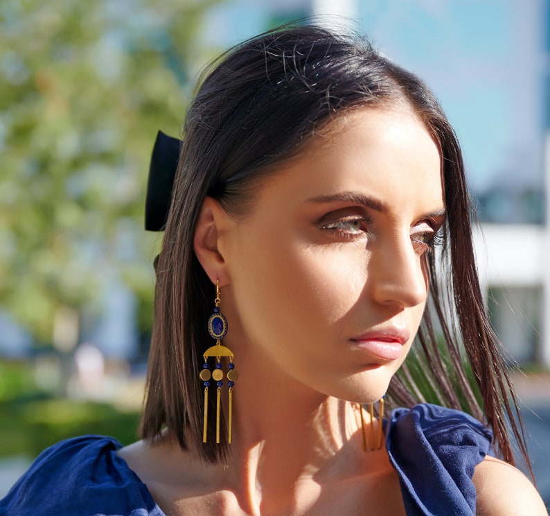 Long Elegant Vintage Style Chandelier Earrings / Royal Blue Statement Earrings / Art Nouveau Beaded Earrings / Unique Cobalt Blue Dangle image 1