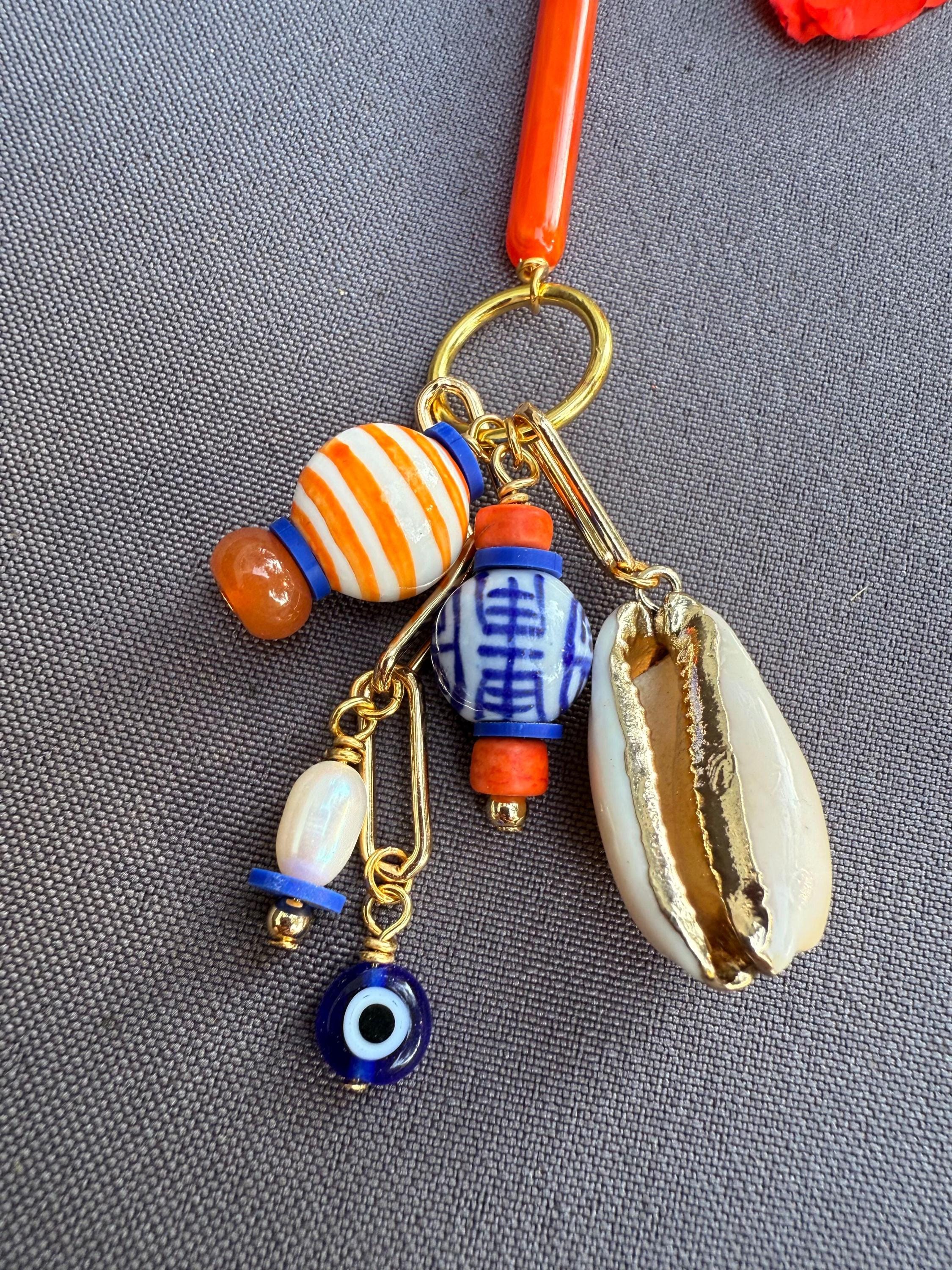 Tropical Bag Charm: Cowrie Shell, Pearl & Ceramic Beads - Coastal Style