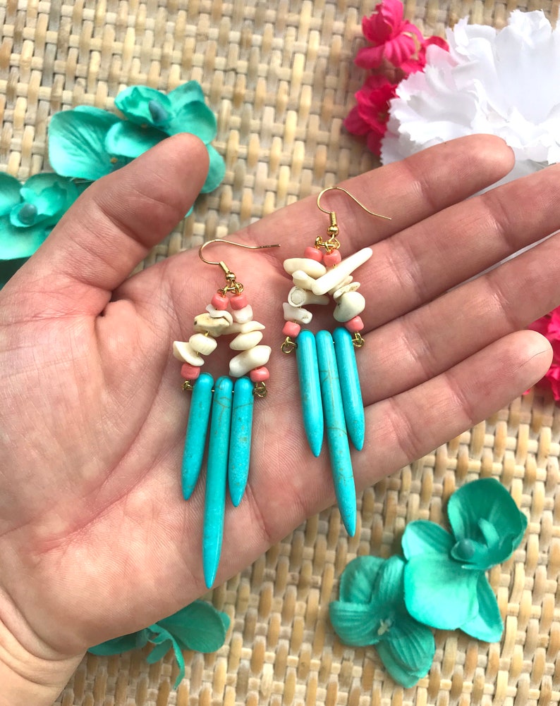 Turquoise Shield Dangle Earrings Howlite Dagger Earrings Coral Turquoise Beaded Drop Earrings Colorful Statement Earring Unique Gift