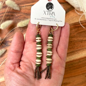 Olive Green Brown Seed Bead Tassel Earrings / Mala Bead Tassel Earrings / Bone Bead / Olive Jade / Unique Statement Drop Earrings / Bohemian image 6