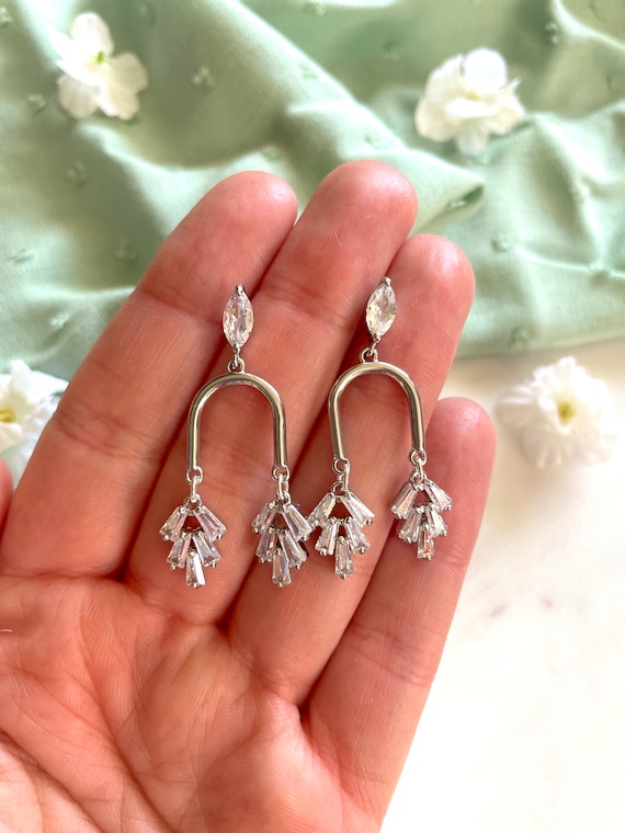 Silver Arch Dangle Earrings: Art Deco Crystal Bridal Drop Earrings
