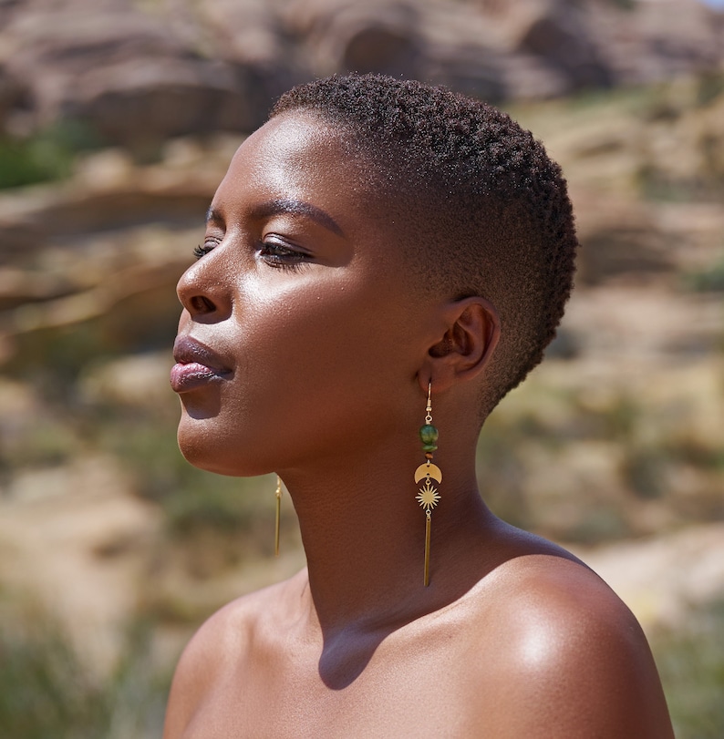 Small Celestial Olive Jade Statement Drop Earrings / Long Linear Star Dangle Earrings / Gold Brass Earth Tones / Olive Jade / Tigers Eye image 1