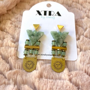 Green Jade Geometric Bohemian Dangle Earrings / Etched Sun Dangle Earrings / Light Green and Gold Boho Dangle Earrings / Bohemian Jewelry