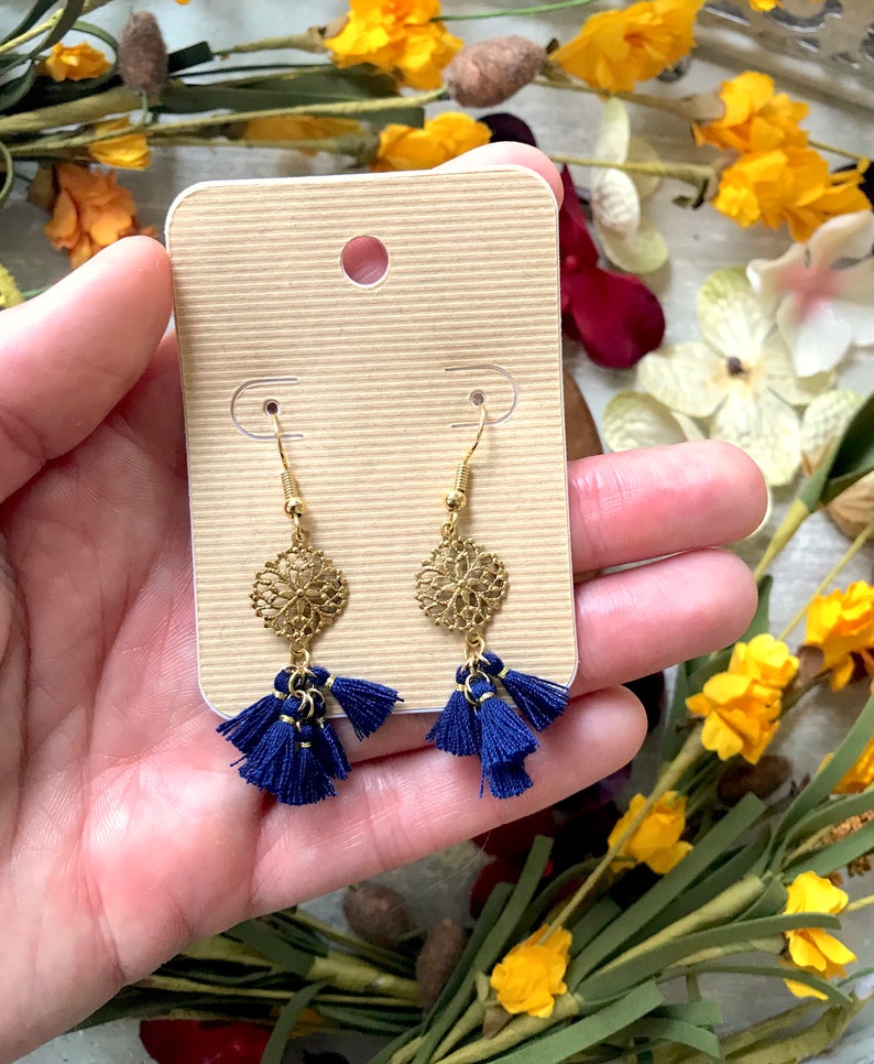 Navy Blue Tassel Earrings / Filigree Earrings / Small Tassel Etsy
