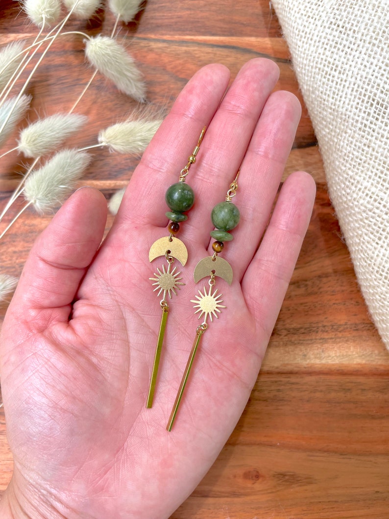 Small Celestial Olive Jade Statement Drop Earrings / Long Linear Star Dangle Earrings / Gold Brass Earth Tones / Olive Jade / Tigers Eye image 4