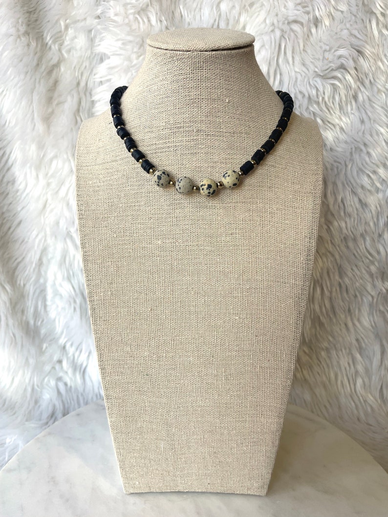 Black Beaded Dalmatian Jasper Choker Necklace / Heishi Beaded Choker / Black Gray Statement Choker / Layering Necklace / Bohemian Necklace image 5